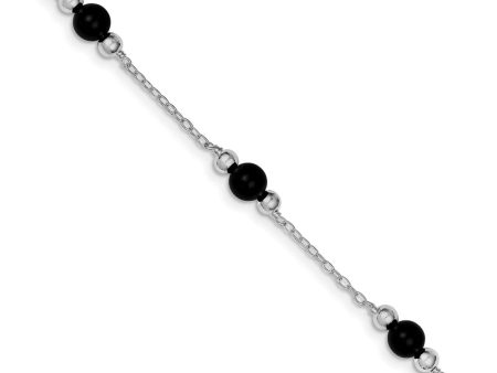 Black Onyx in Rhodium-Plated Sterling Silver, Beaded Anklet, 9 Inch Online now