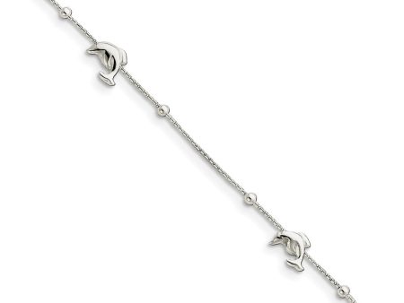 Sterling Silver Bead Round Box Chain And Dolphin Link Anklet, 9-10 In Online now