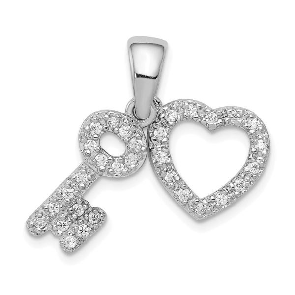 Sterling Silver and Cubic Zirconia Fancy Heart and Key Pendant on Sale