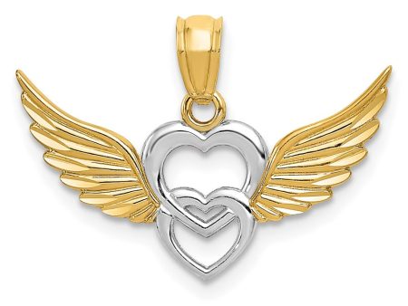 14k Yellow Gold & White Rhodium Double Winged Hearts Pendant Hot on Sale