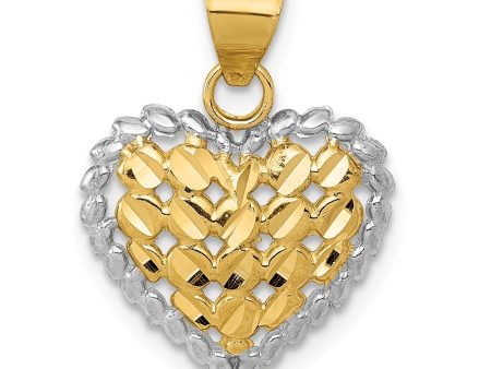 14k Yellow Gold and Rhodium Diamond Cut Heart Pendant, 14mm Sale