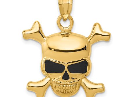 14k Yellow Gold Black Enameled Skull and Crossbones Pendant For Cheap