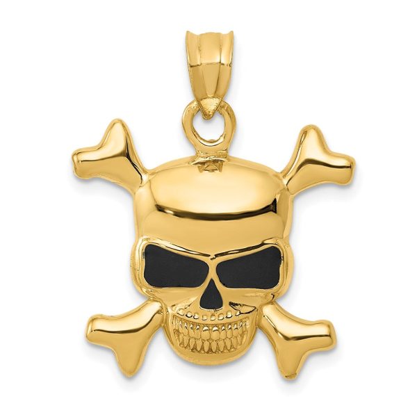 14k Yellow Gold Black Enameled Skull and Crossbones Pendant For Cheap