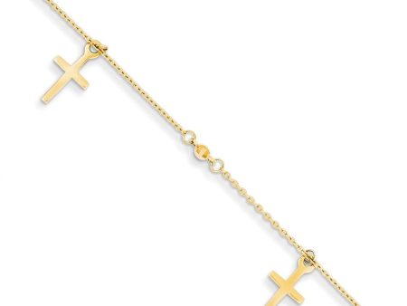 14k Yellow Gold Polished and Textured Latin Cross Anklet, 9-10 Inch Online Sale