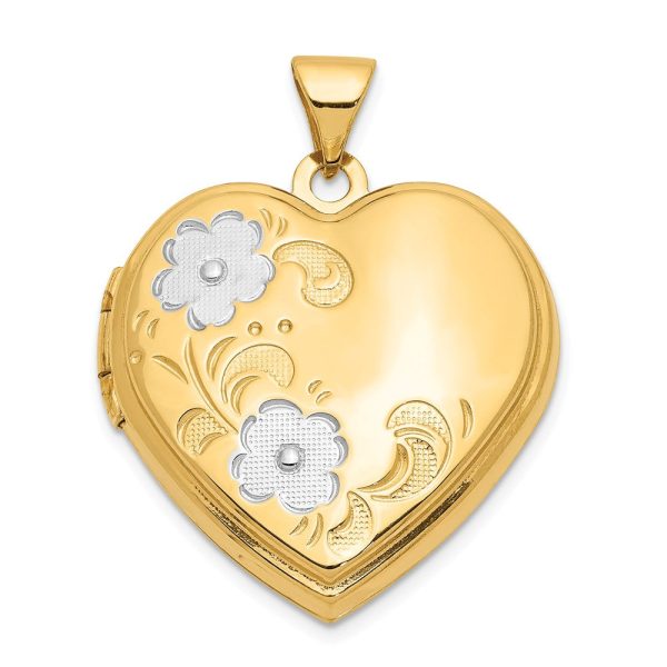 14k Yellow Gold & White Rhodium 21mm Floral Heart Locket Pendant Supply