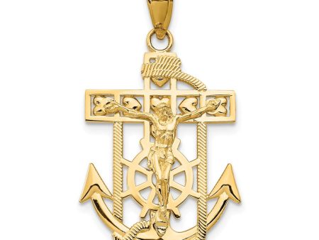 14k Yellow or Two-Tone Gold Textured Mariner Crucifix Pendant, 18x33mm Hot on Sale