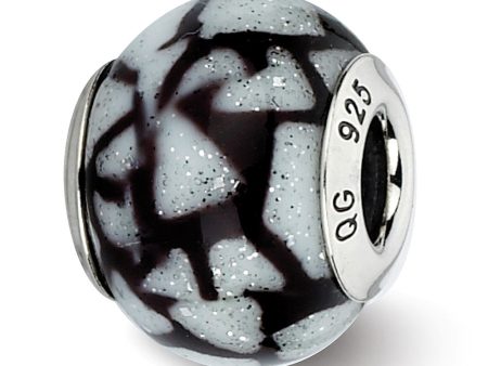 White, Black, Glitter Overlay Glass & Sterling Silver Bead Charm, 15mm Supply