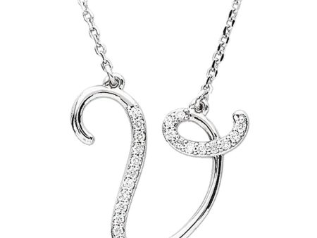 1 8 Ctw Diamond Sterling Silver Medium Script Initial V Necklace, 16in For Sale