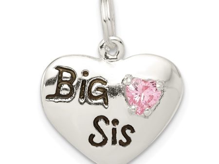 Sterling Silver, CZ and Enameled Big Sis Pink Heart Charm, 16mm Cheap