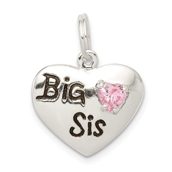 Sterling Silver, CZ and Enameled Big Sis Pink Heart Charm, 16mm Cheap