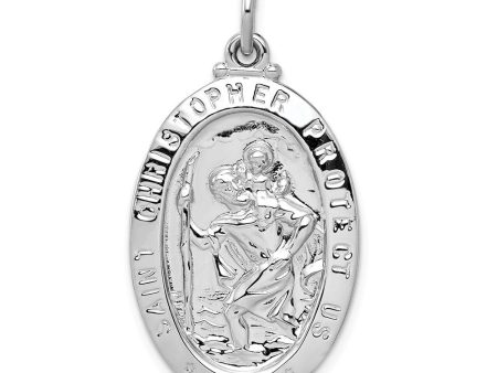 Sterling Silver Rhodium-Plated Oval St Christopher Medal Pendant For Sale