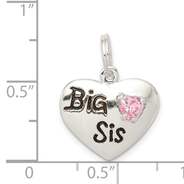 Sterling Silver, CZ and Enameled Big Sis Pink Heart Charm, 16mm Cheap