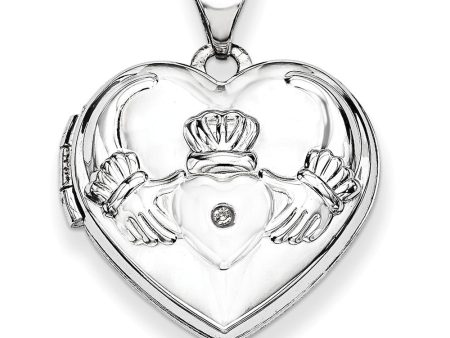 15mm Heart Shaped Diamond Claddagh Locket in 14k White Gold Sale