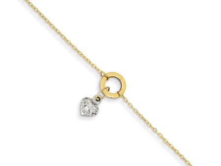 14k Two-Tone Adjustable Gold Circle And Puffed Heart Anklet, 9 Inch For Discount