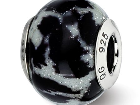 White & Black Glitter Overlay Glass & Sterling Silver Bead Charm, 15mm Hot on Sale