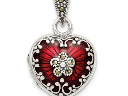 Sterling Silver, Red Enamel and Marcasite Antiqued Heart Locket, 16mm Cheap