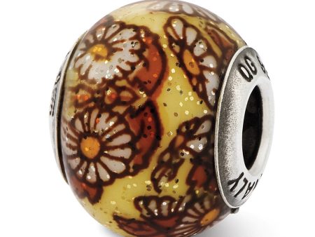 Yellow Floral Overlay Italian Glitter Glass Sterling Silver Bead Charm Online now