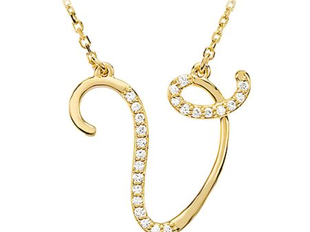 1 8 Ctw Diamond 14k Yellow Gold Medium Script Initial V Necklace, 17in Hot on Sale