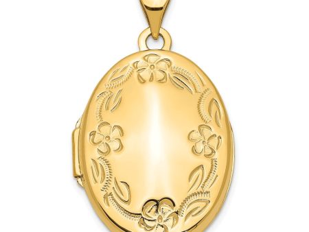 14k Yellow Gold 21mm Hand Engraved Floral Oval Locket Discount