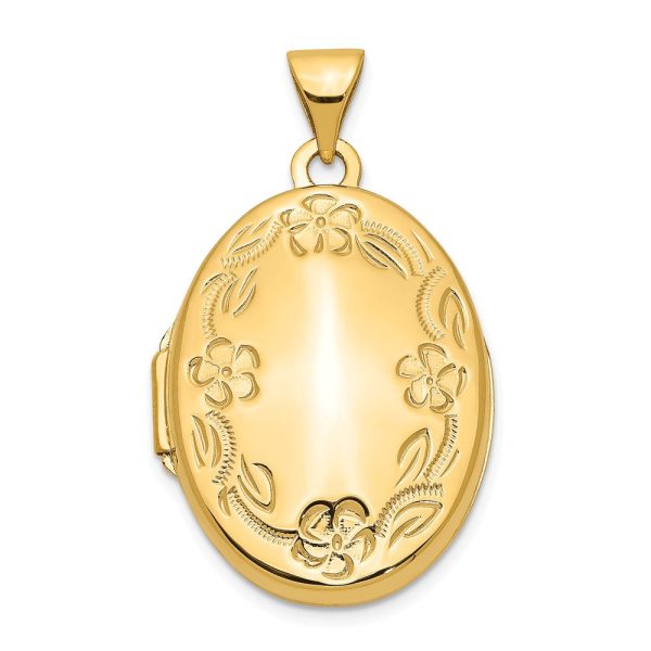 14k Yellow Gold 21mm Hand Engraved Floral Oval Locket Discount