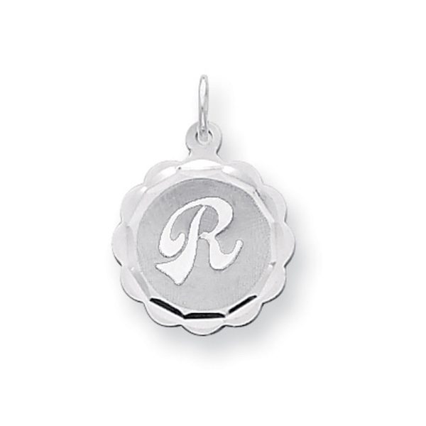 Sterling Silver, Sarah Collection 15mm Brocaded Disc Initial R Pendant Discount