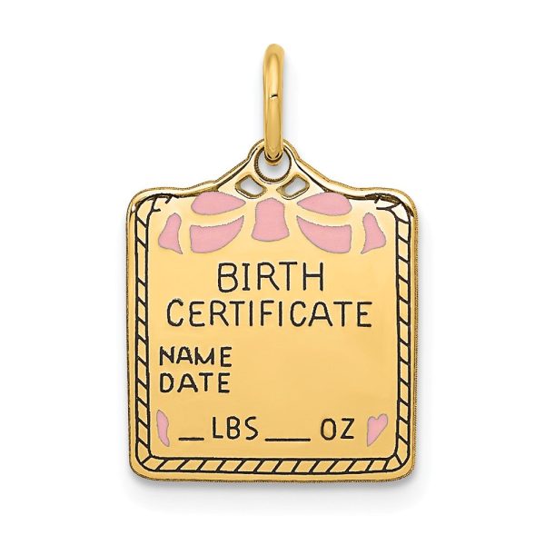 14k Yellow Gold & Pink Enamel Birth Certificate Charm or Pendant Discount